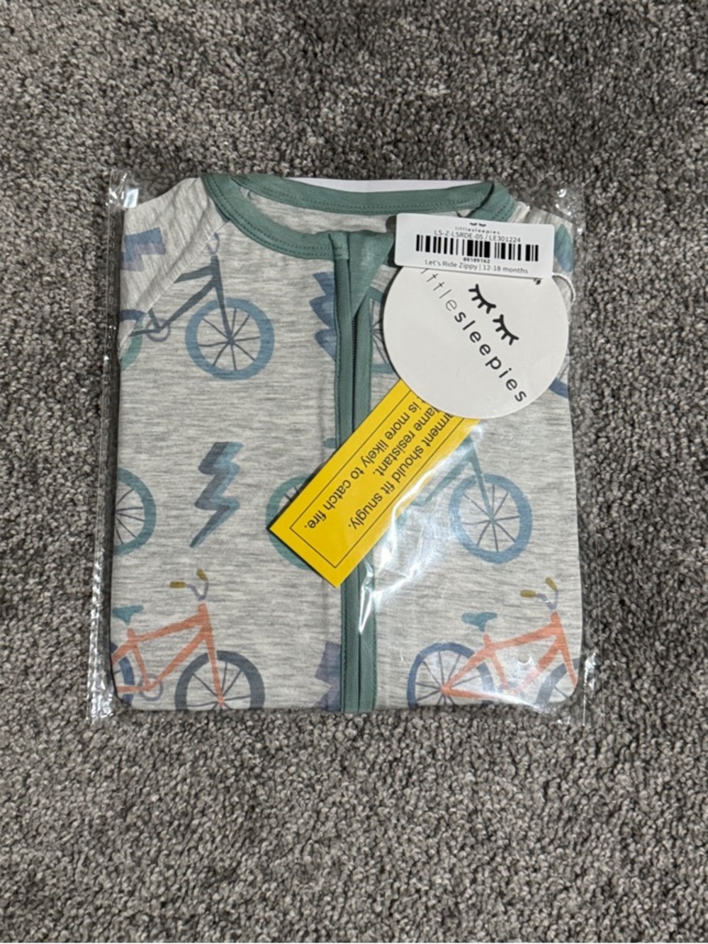 Little Sleepies Grey Bicycle Print Pajama Set with Green Trim